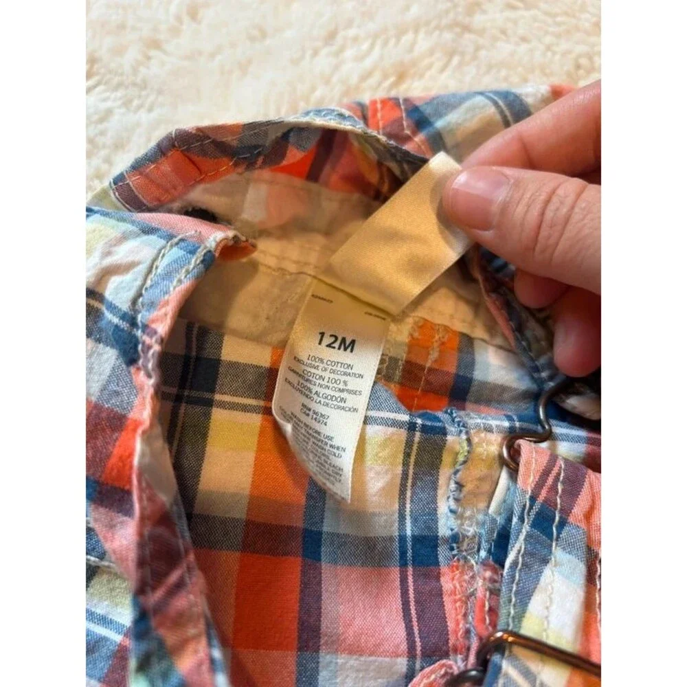 12M Boys Blue Orange Plaid OshKosh Snap Shorts Overalls